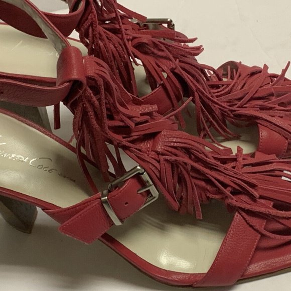 Kenneth Cole Pink Fuchsia Leather Fringe Wood Heels Sandals Sz 8M Ankle Straps - Picture 5 of 9